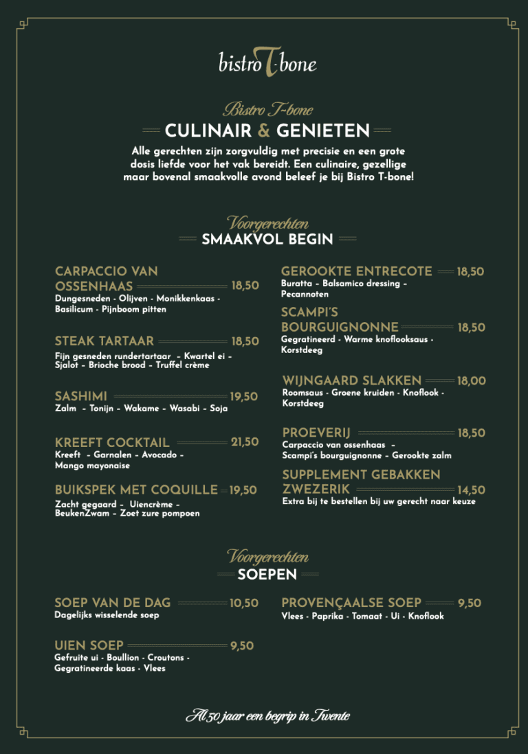 Menukaart Bistro T-Bone | ROCK Design | Websites | Webshops | Online Marketing