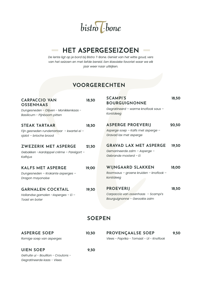 Menukaart Bistro T-Bone | ROCK Design | Websites | Webshops | Online Marketing